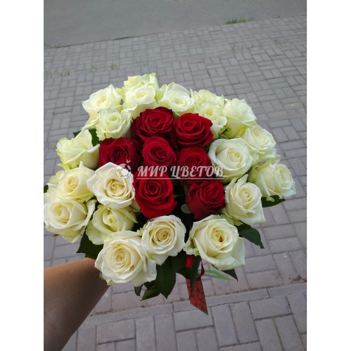 Букет 25 роз, белых с красными