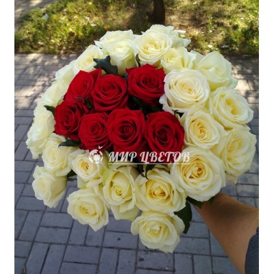 Букет 27 роз, белых с красными
